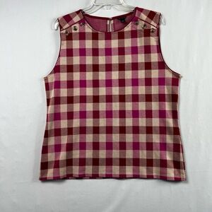 Ann Taylor Tank Top Womens XL Pink Red Plaid Checked Sleeveless Button